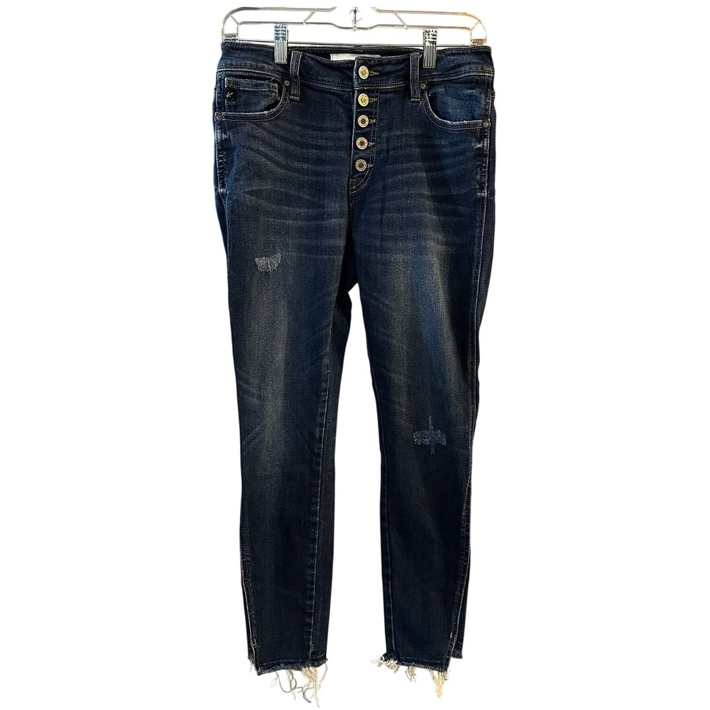 KanCan Curvy High Rise Skinny Jeans Dark Wash Button Fly Distressed Size 9/28